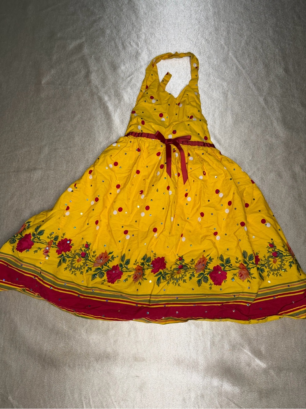 Blueberi Boulevard Girl Yellow Floral Polka Dot Halter Dress Size 4 100% Cotton